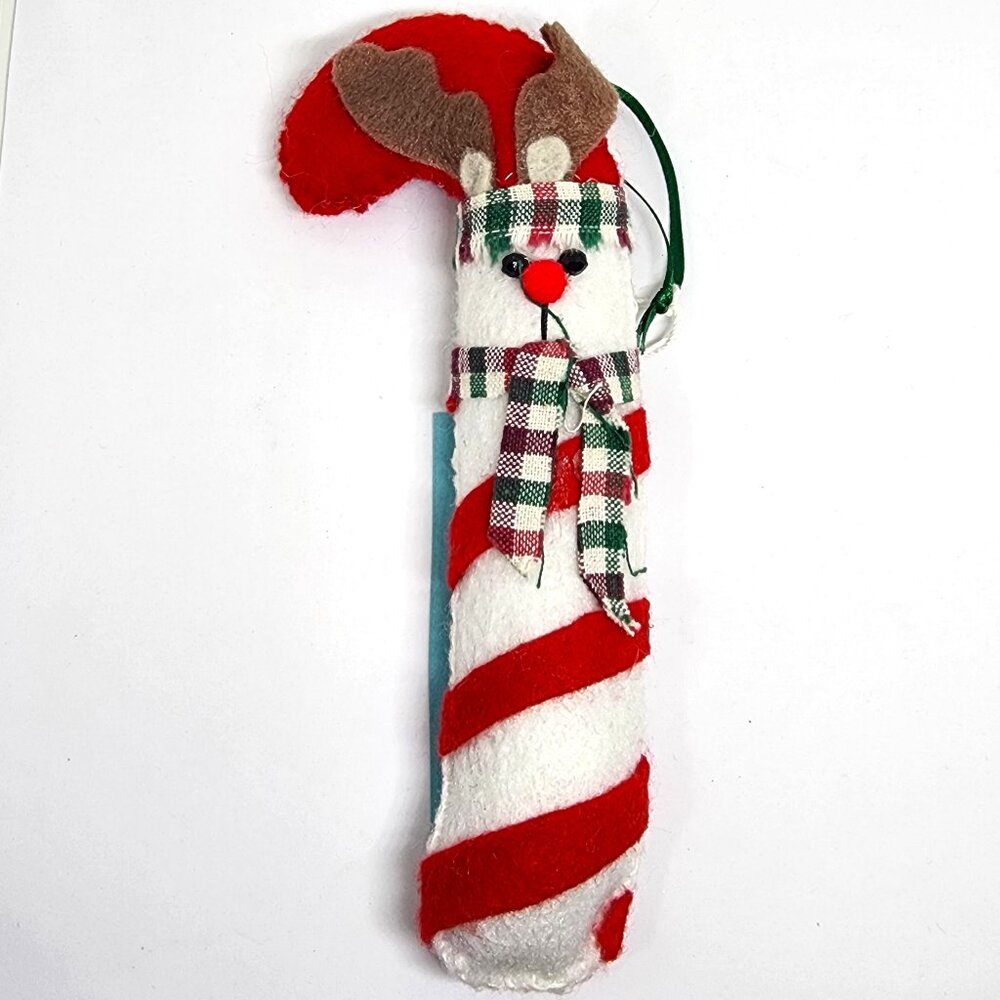 Handmade Reindeer Candy Cane Red White Felt Plush Christmas Holiday Ornament